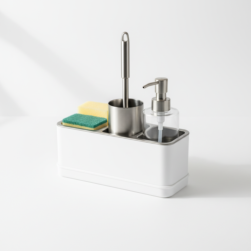 Sink rack organizer with sponges and cleaning supplies on white background