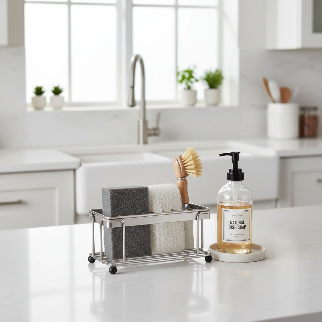 Sink organizer lifestyle shot on kitchen counter